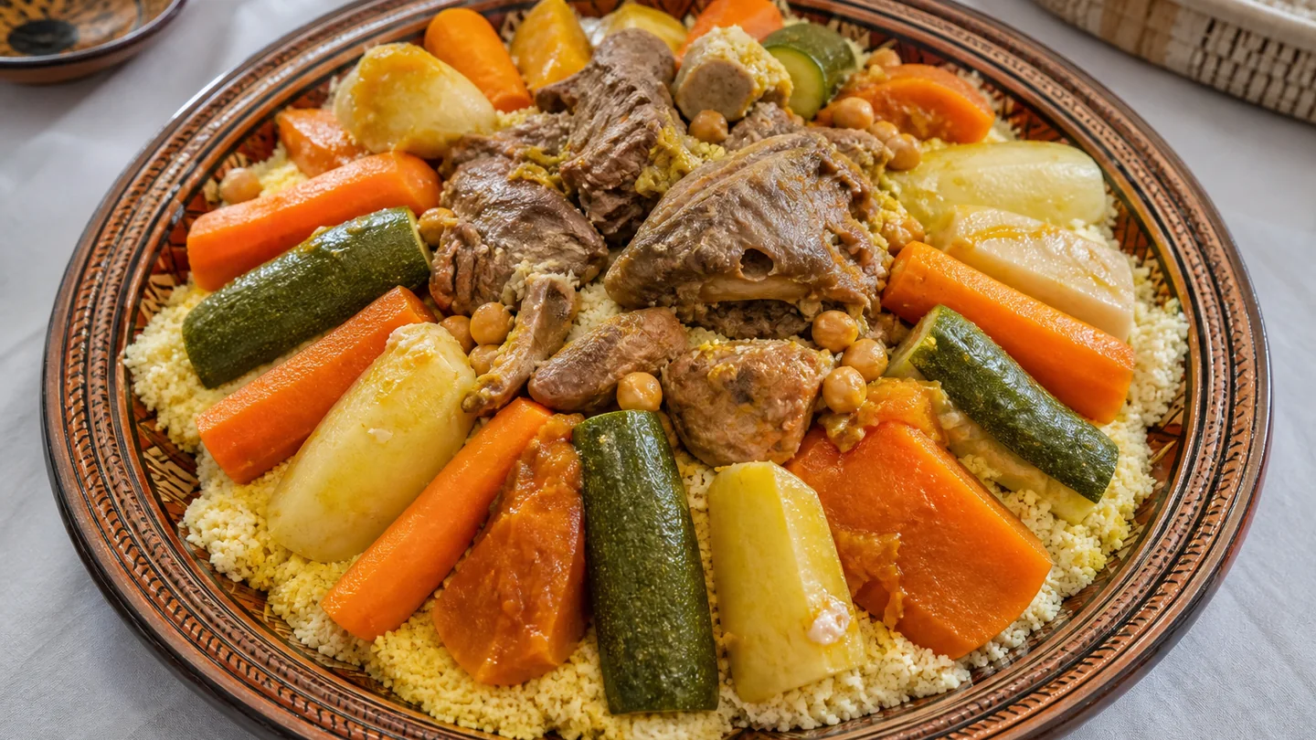 Grand plat de couscous marocain à l'agneau et aux sept légumes