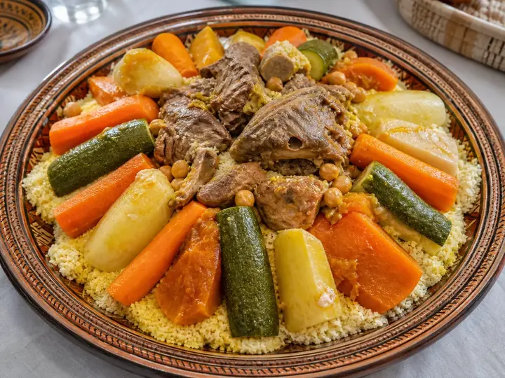 Grand plat de couscous marocain à l'agneau et aux sept légumes