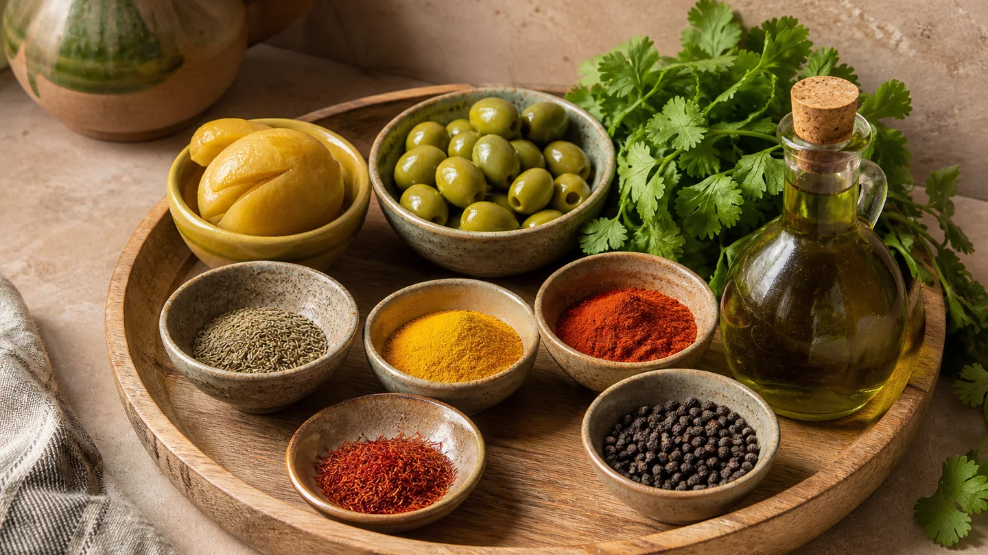 Épices, citron confit, olives et herbes de la cuisine marocaine