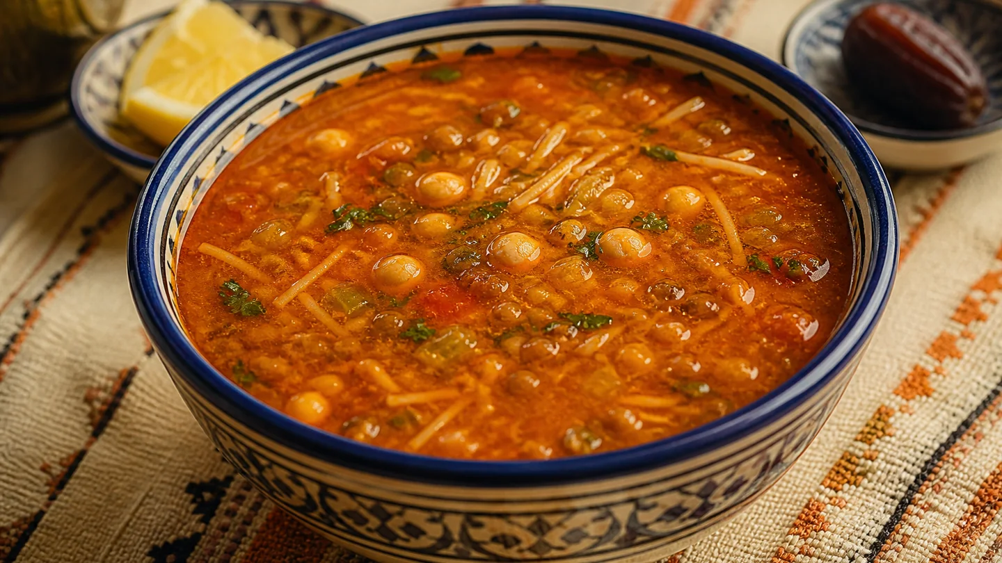 Bol traditionnel rempli de harira marocaine aux pois chiches et vermicelles