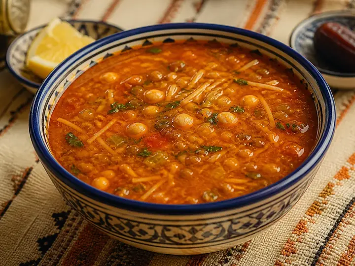 Bol traditionnel rempli de harira marocaine aux pois chiches et vermicelles