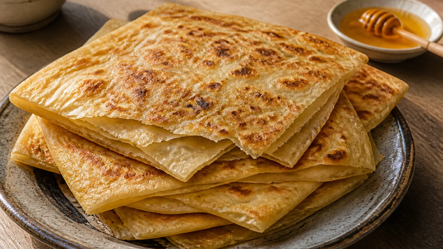 Pile de msemen marocains carrés dorés et feuilletés