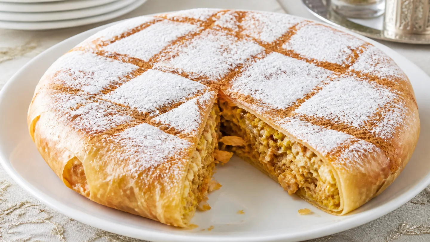 Pastilla marocaine dorée au poulet et aux amandes avec cannelle