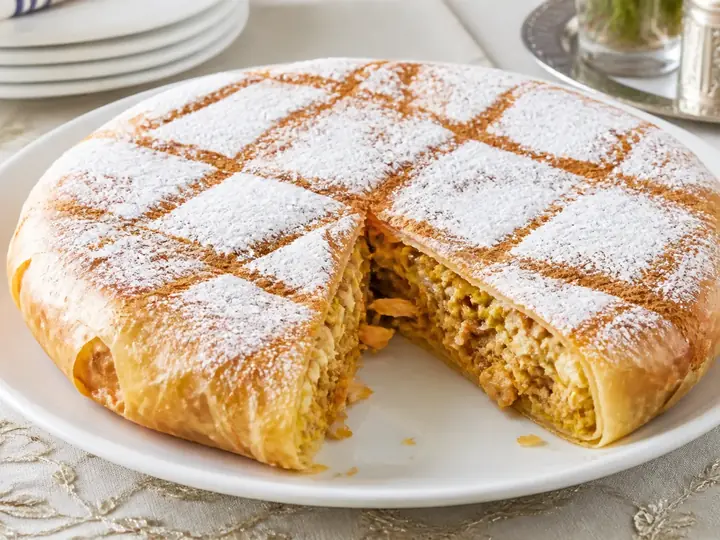Pastilla marocaine dorée au poulet et aux amandes avec cannelle