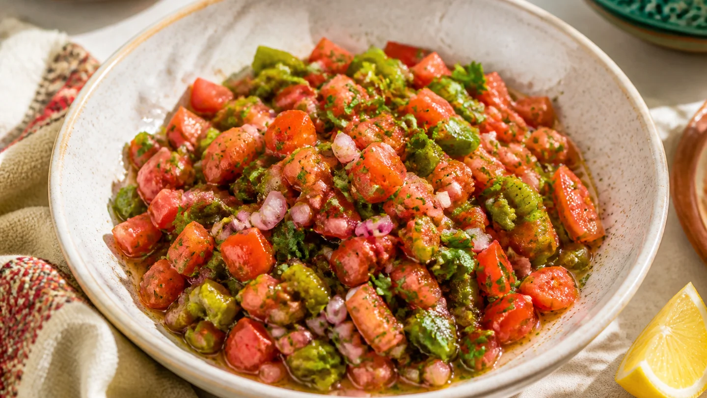 Salade marocaine colorée de tomates, poivrons verts grillés, oignon et coriandre