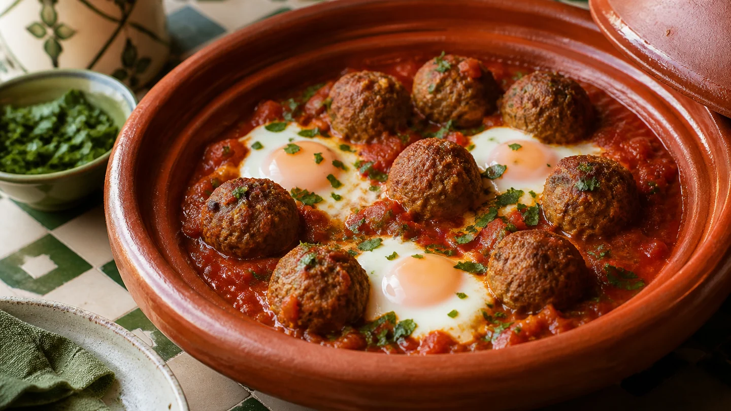 Tajine marocain de boulettes de kefta aux œufs dans une sauce tomate