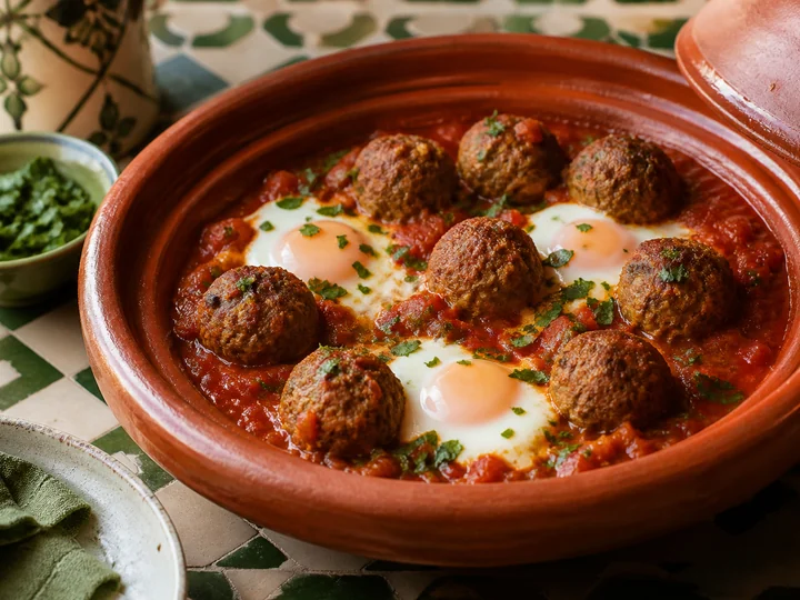 Tajine marocain de boulettes de kefta aux œufs dans une sauce tomate
