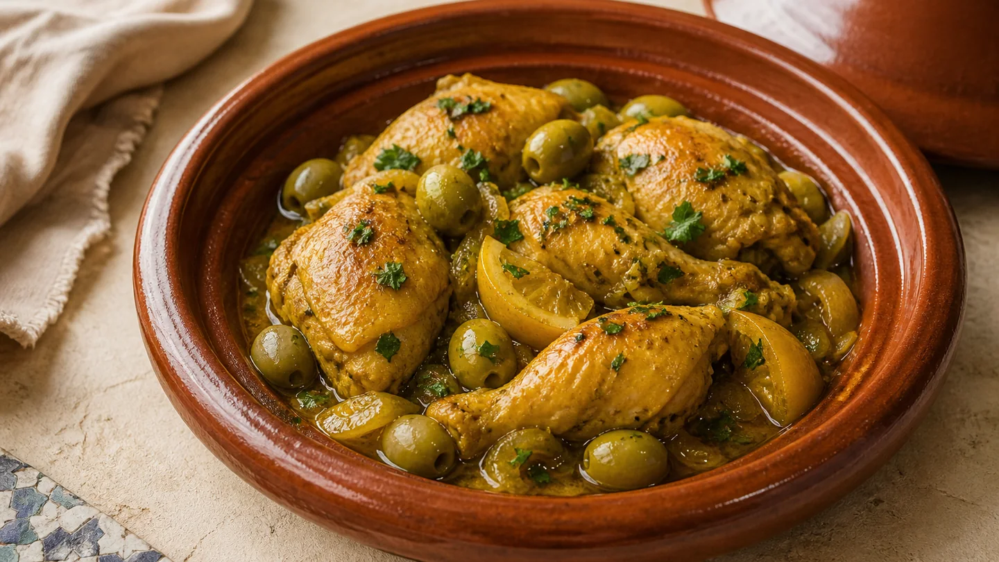 Tajine marocain de poulet au citron confit et olives vertes