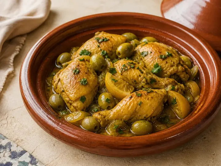 Tajine marocain de poulet au citron confit et olives vertes